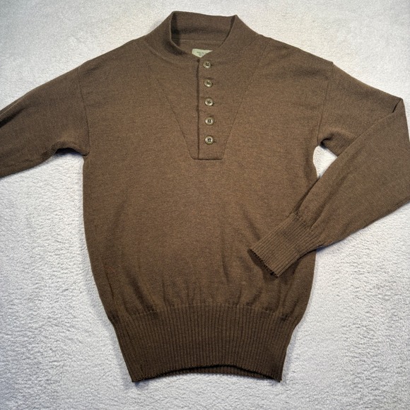 Vintage US Army 5 Button Wool Henley Sweater Olive Brown Pullover Large Military - Picture 1 of 4